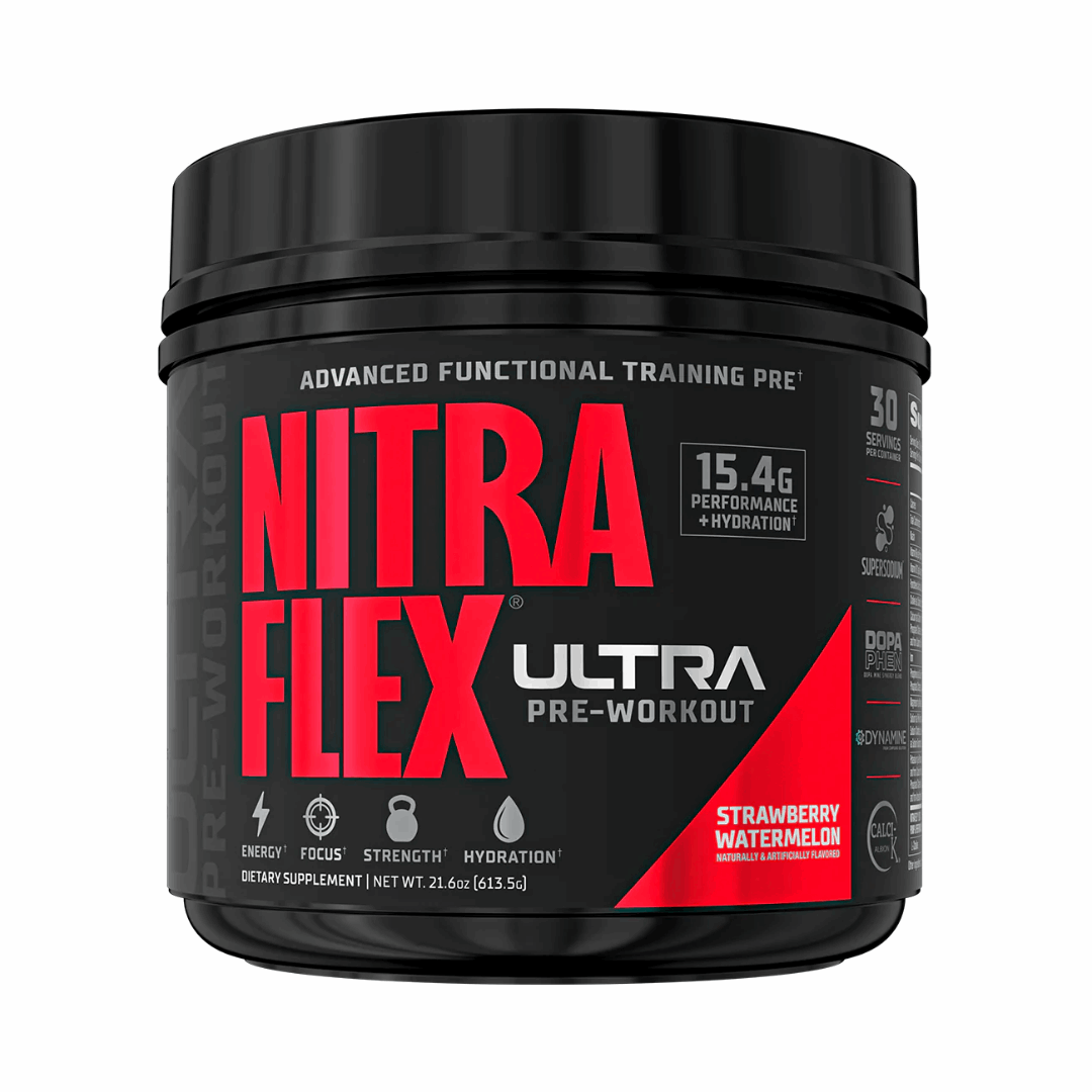 Nitra Flex Ultra pre-workout supplement container on a white background