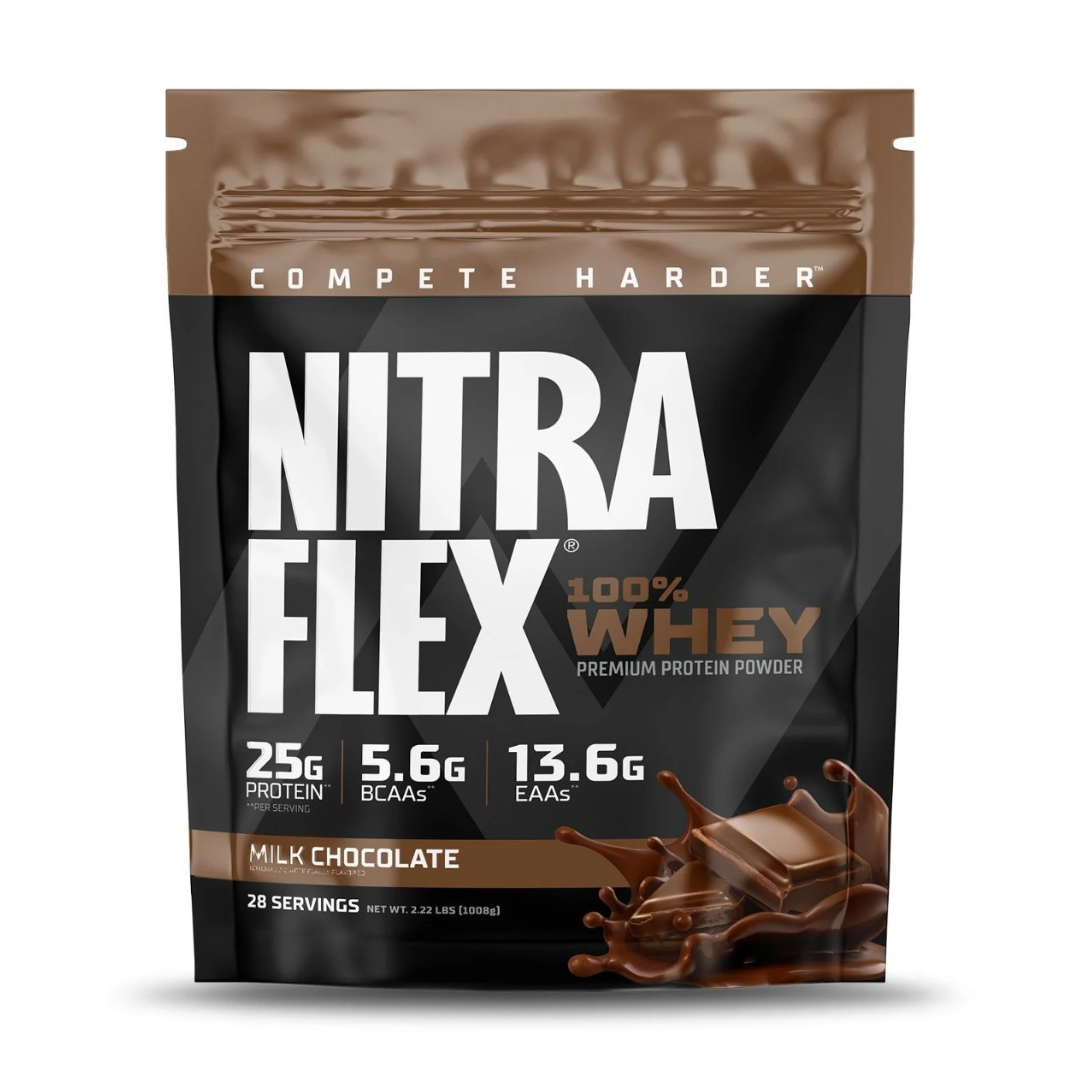 Nitra Flex 100% Whey protein powder package with chocolate flavor details on a white background