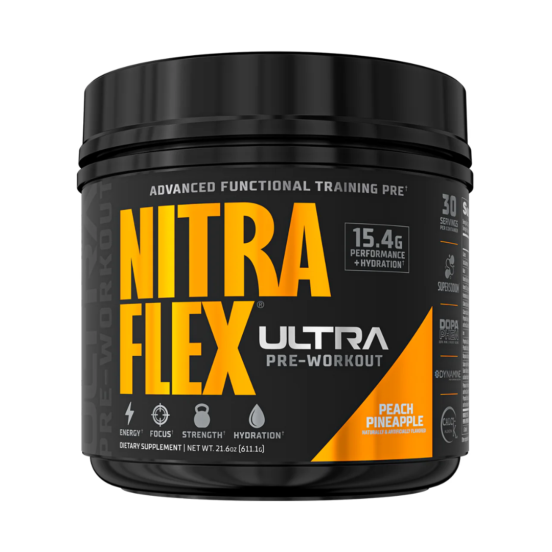 Nitra Flex Ultra pre-workout supplement container on a white background