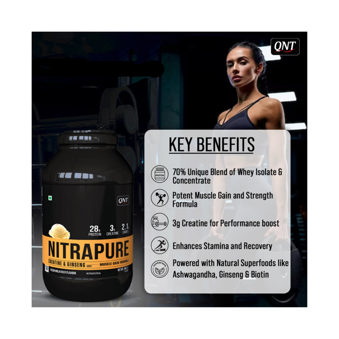 Nitrapure supplement container with a woman in athletic wear and key benefits text on a dark background