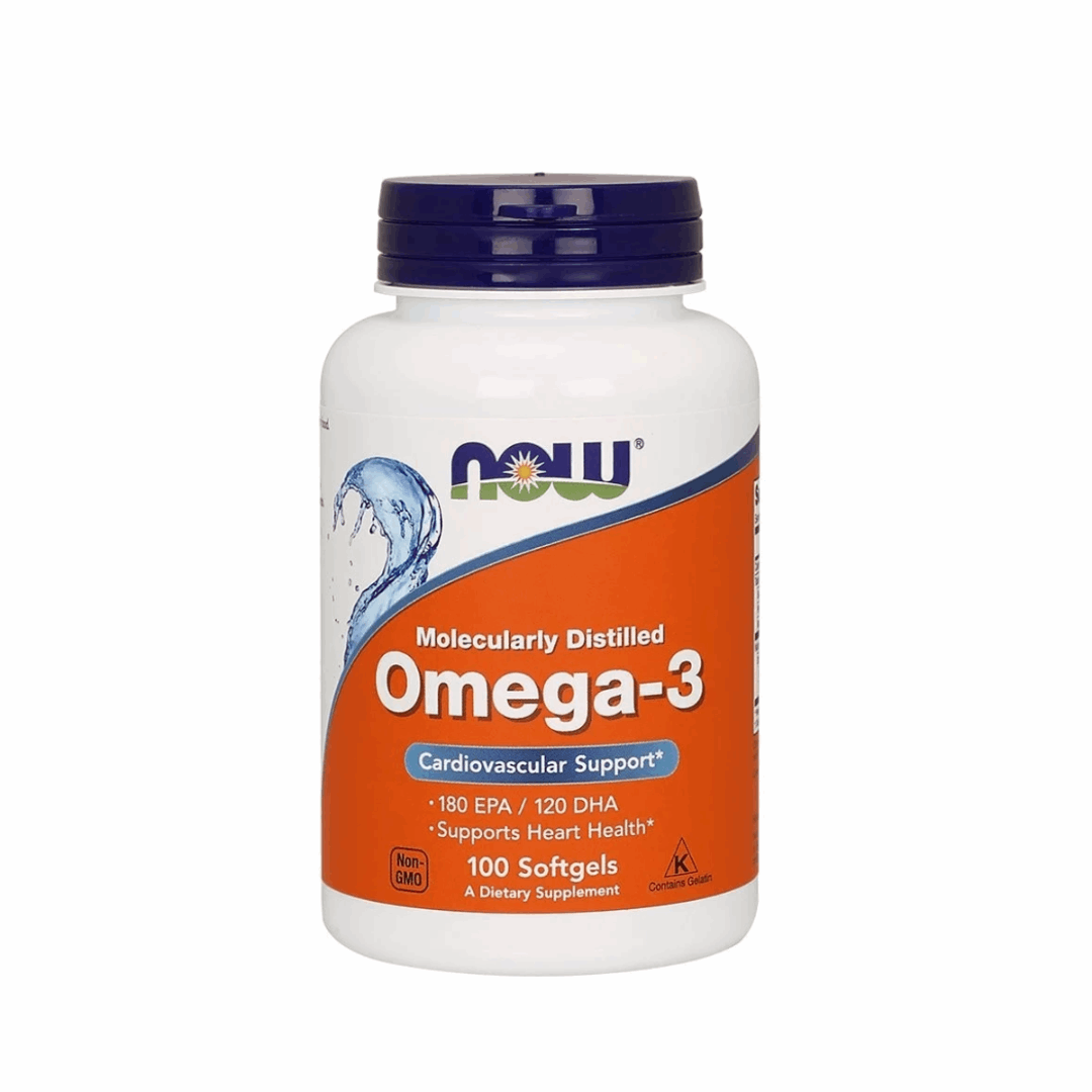 Supplement bottle labeled 'Omega-3' with NOW brand on a white background