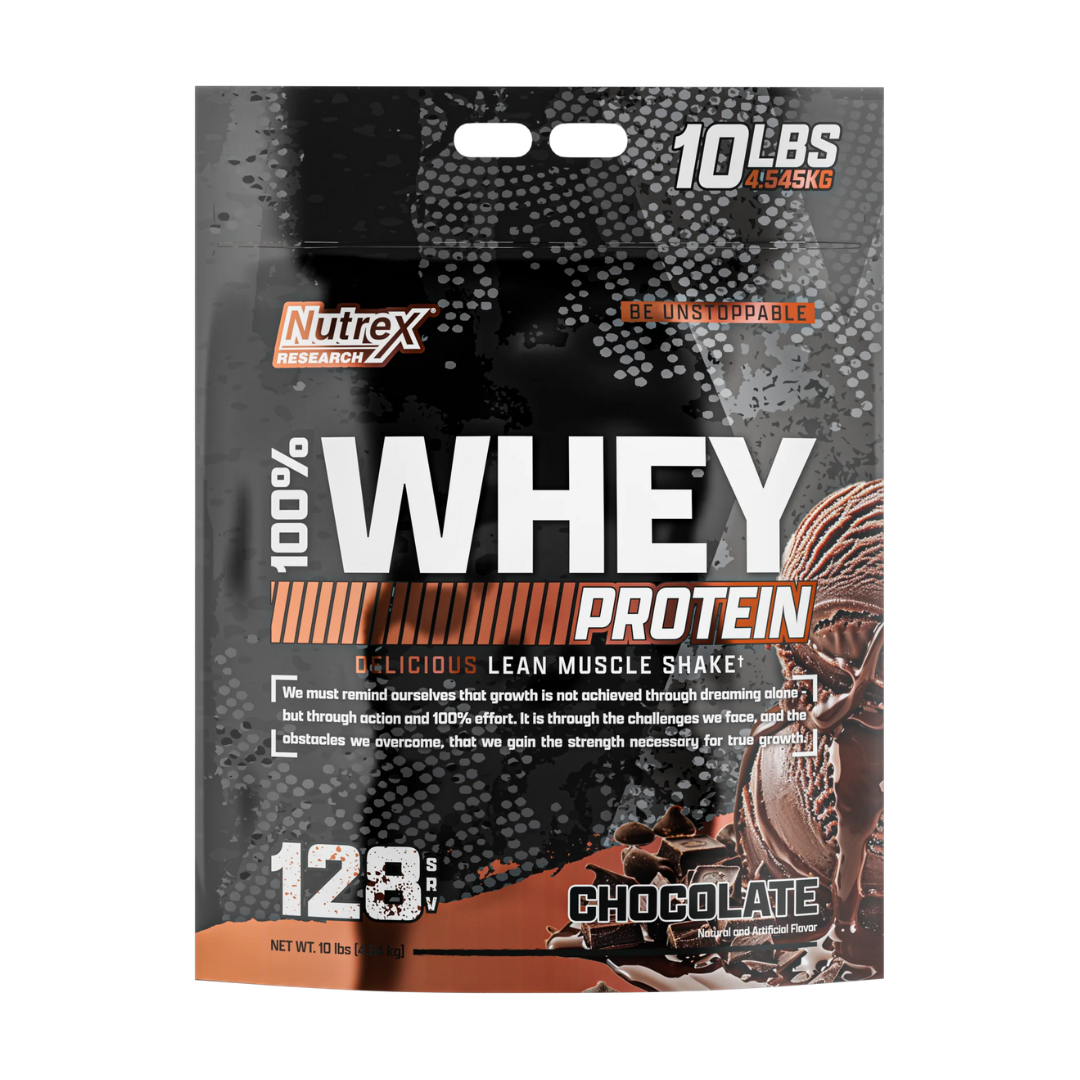 Nutrex Research 100% Whey Protein package in chocolate flavor on a white background