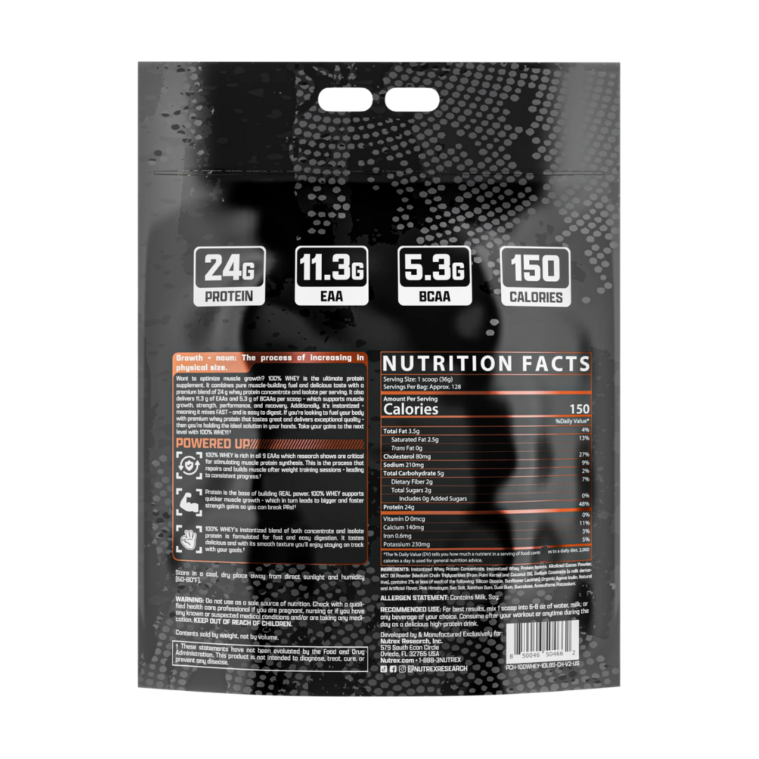 Nutrex Research 100% Whey Protein package in chocolate flavor on a white background