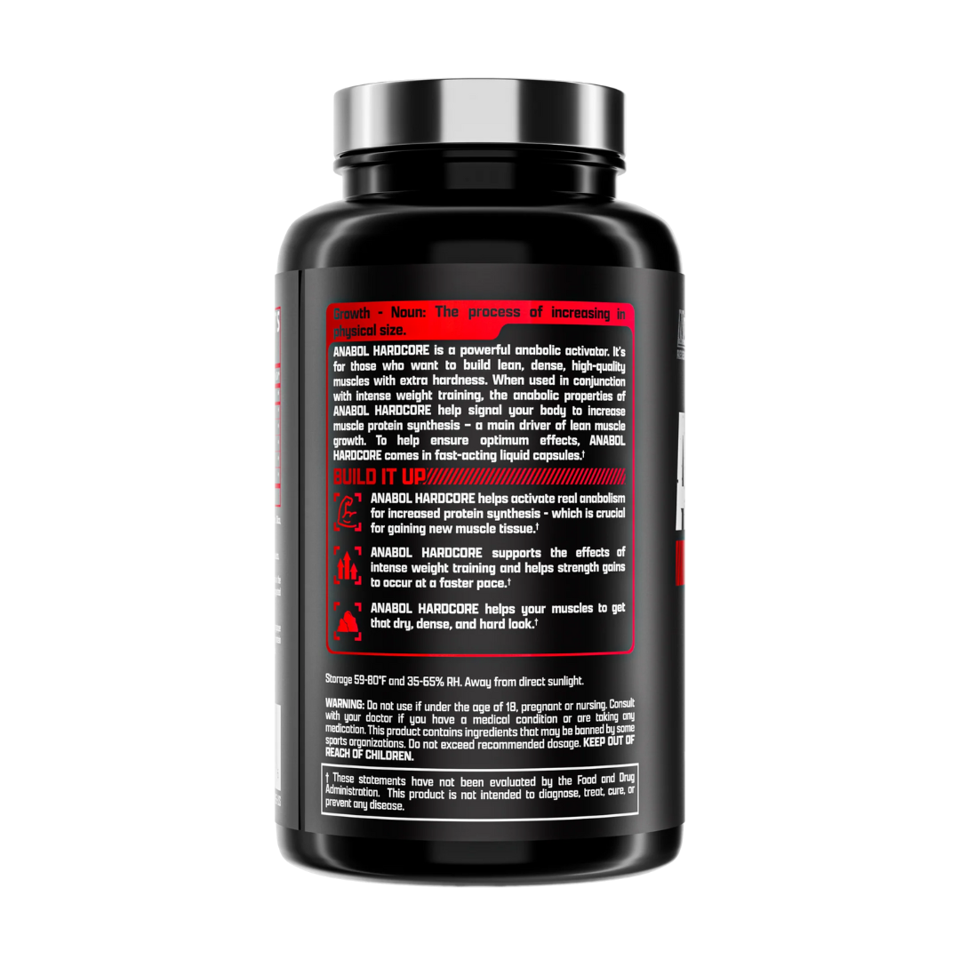 Black supplement bottle with red and white text on a white background