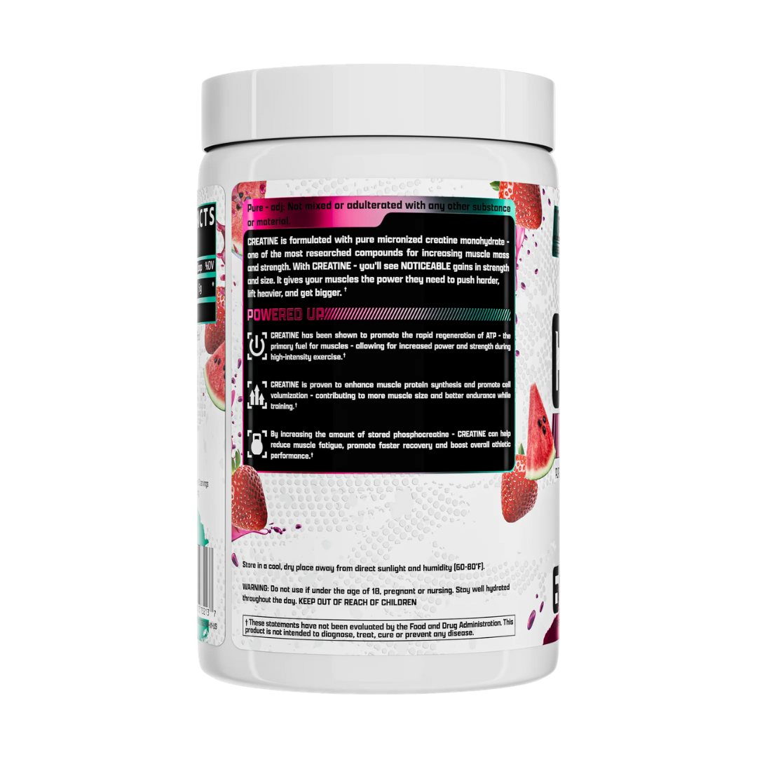 Nutrex Creatine Monohydrate supplement container with strawberry watermelon flavor on a white background