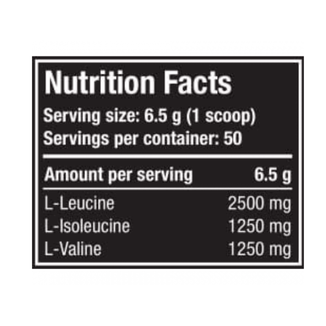 Nutrition facts label for a protein supplement with serving size, servings per container, and specific amino acid amounts.
