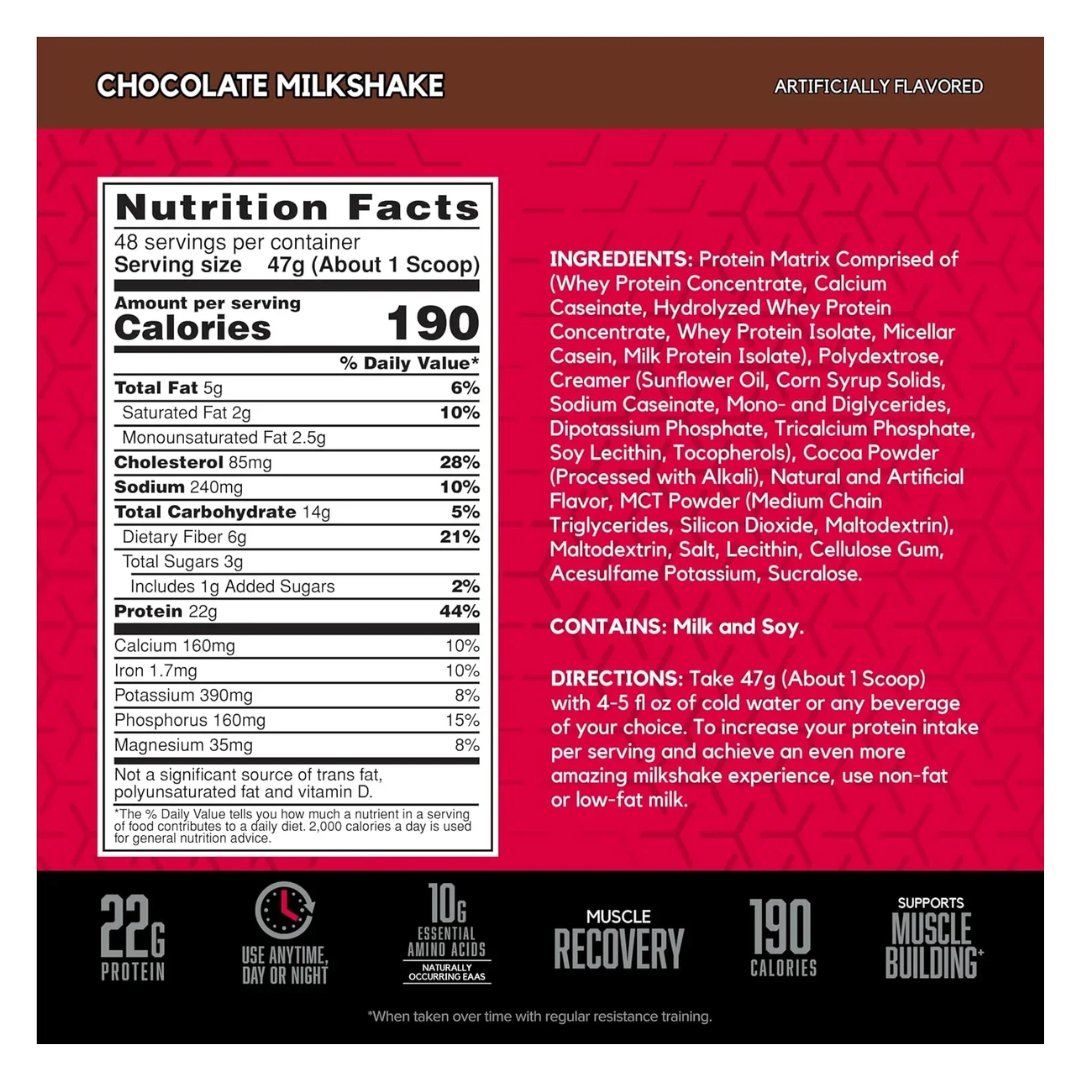 Nutrition label and ingredients list for a chocolate milkshake protein product on a red background.