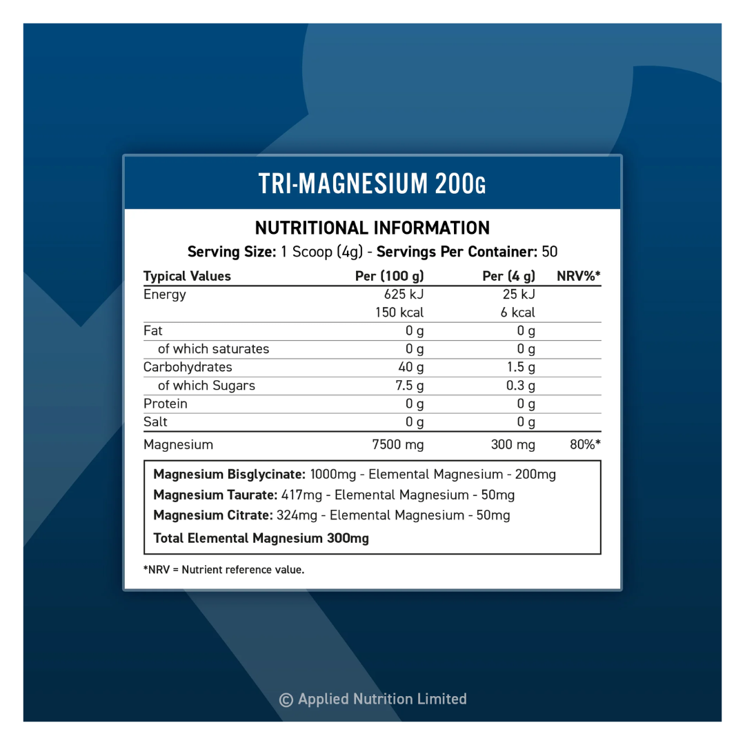 Nutritional information label for Tri-Magnesium 200g on a blue background