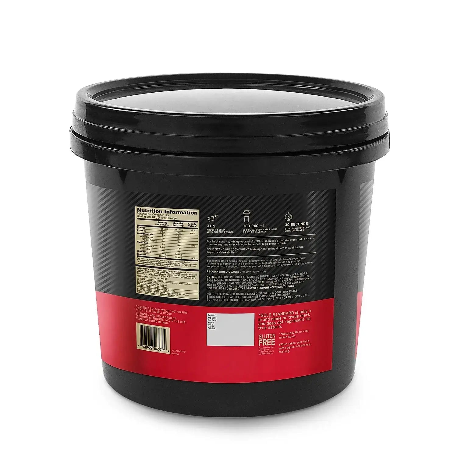 Black supplement container with nutrition label on a white background