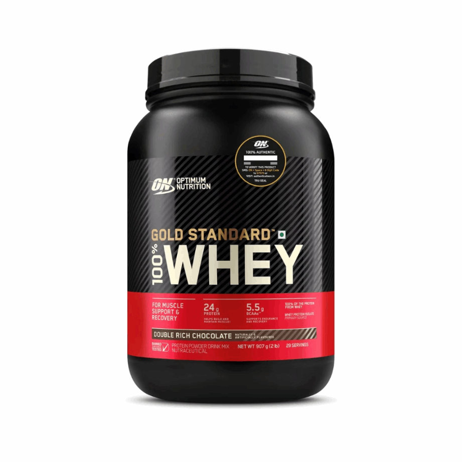 Optimum Nutrition Gold Standard 100% Whey protein powder container on a white background