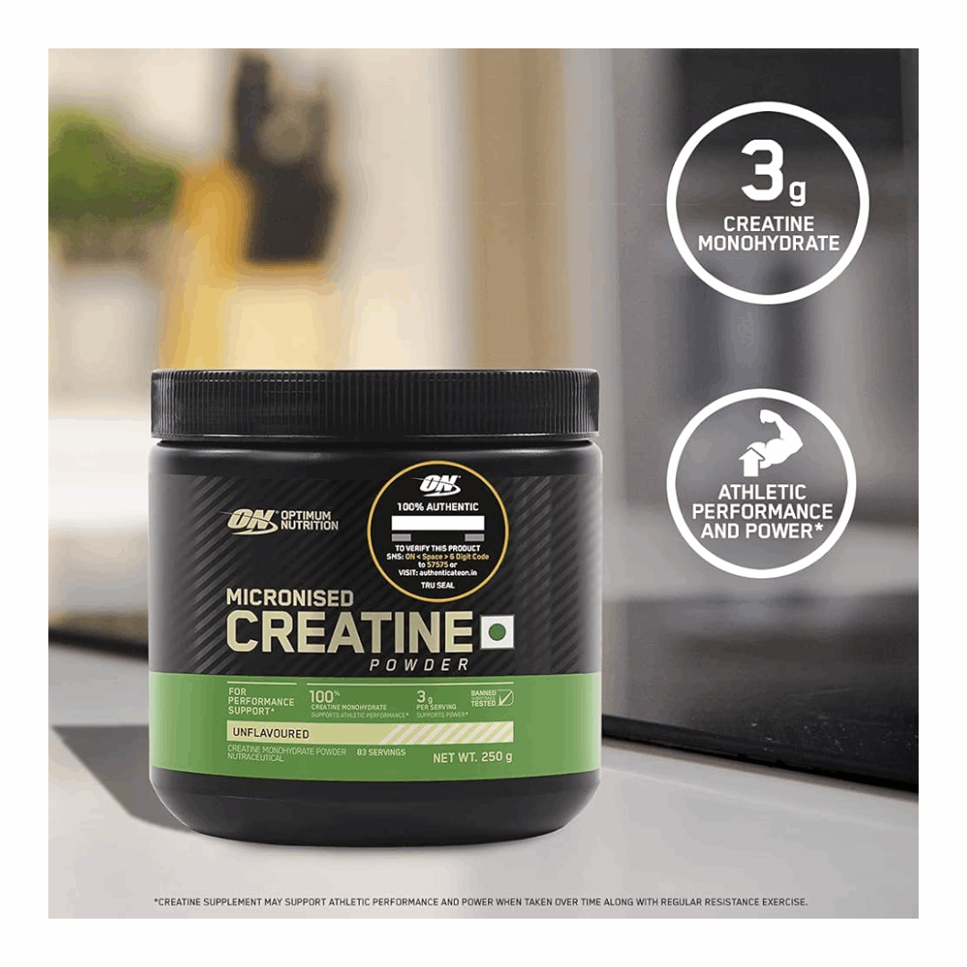 Optimum Nutrition Micronised Creatine Powder container with branding and product details.