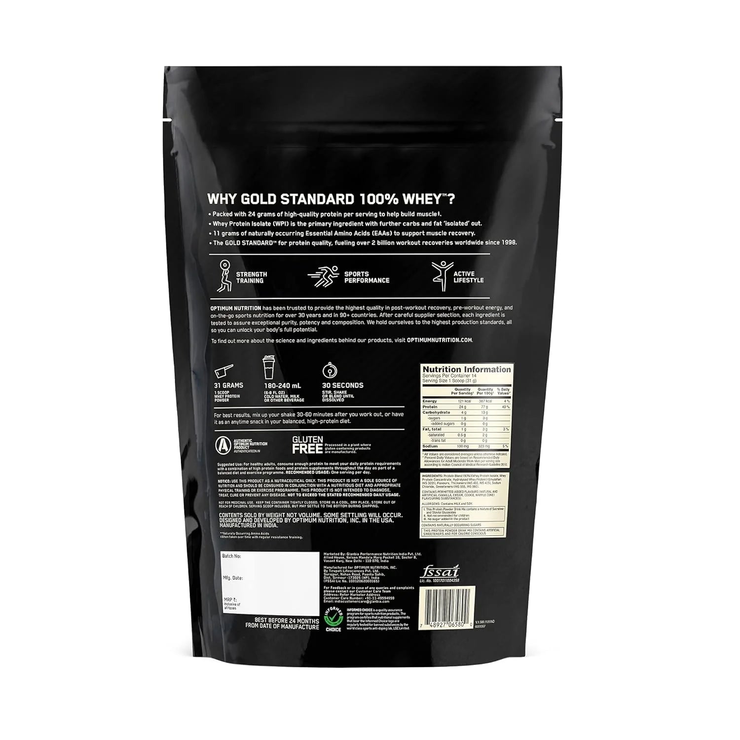 Black whey protein package with text and labels on a white background