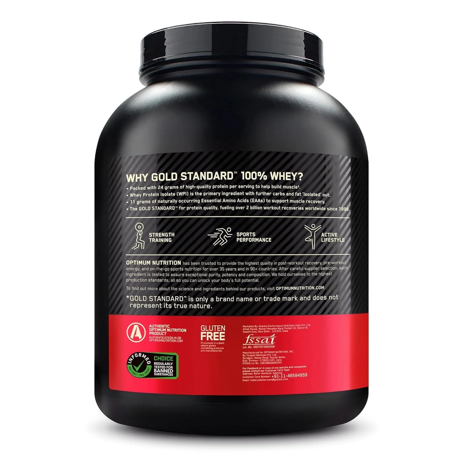 Black protein supplement container with red label on a white background