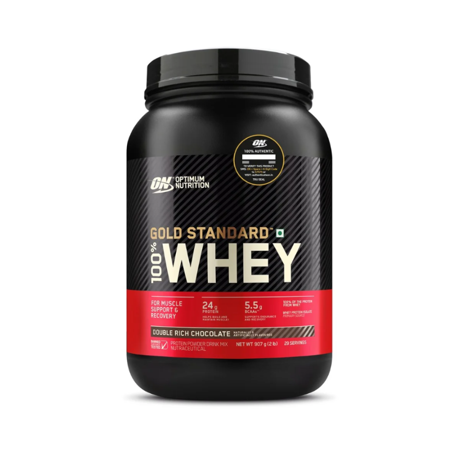 Optimum Nutrition Gold Standard 100% Whey protein powder container on a white background