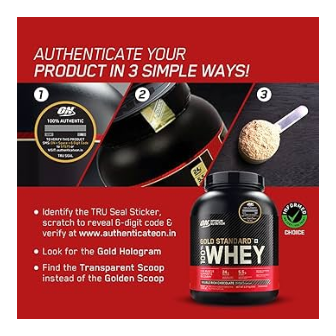 Optimum Nutrition Gold Standard 100% Whey protein supplement with authentication instructions on a red background.