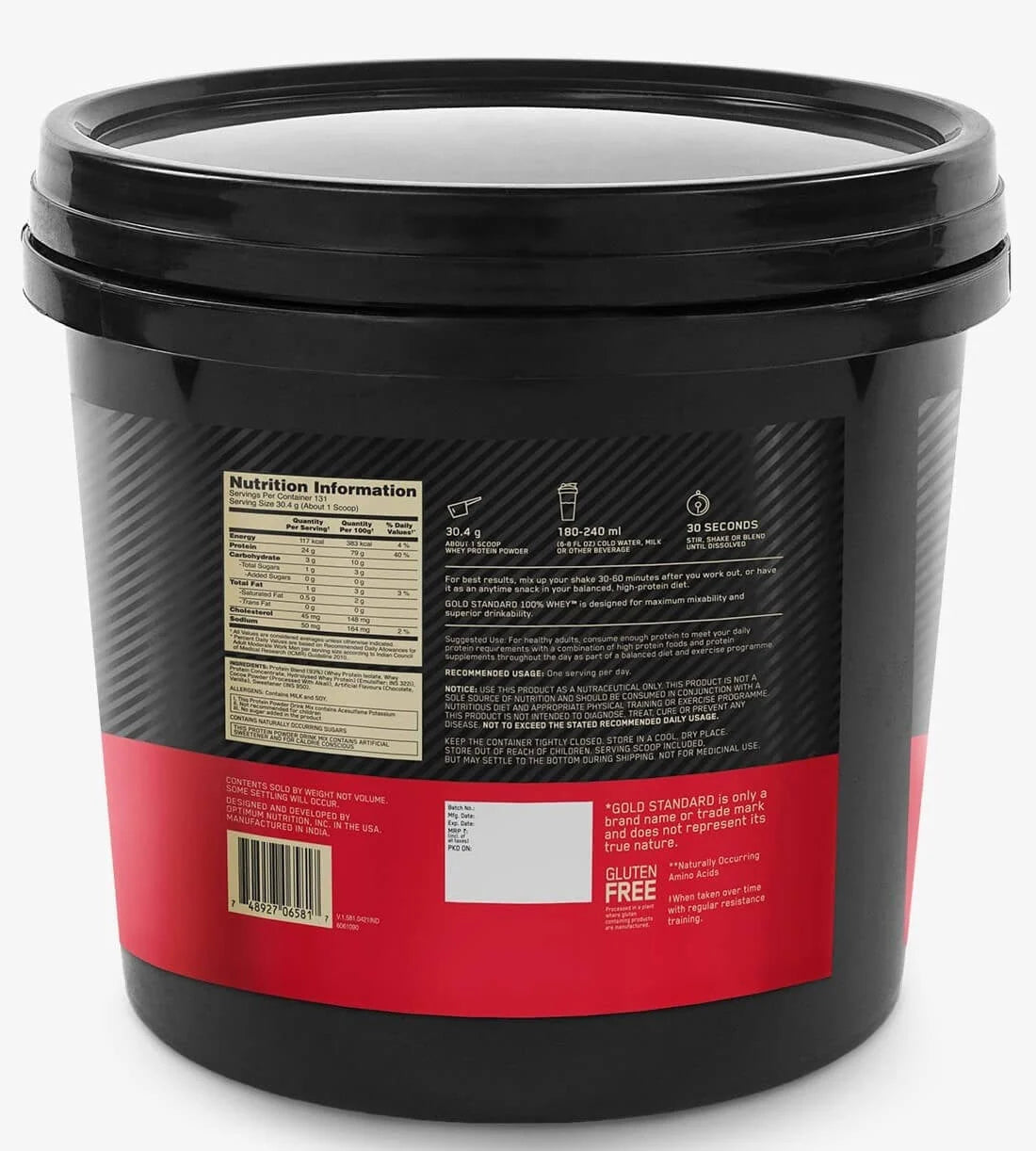 Black container with nutrition label on a white background