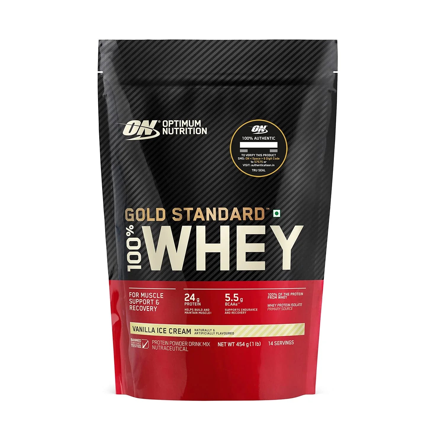 Optimum Nutrition Gold Standard 100% Whey protein powder package in vanilla ice cream flavor.