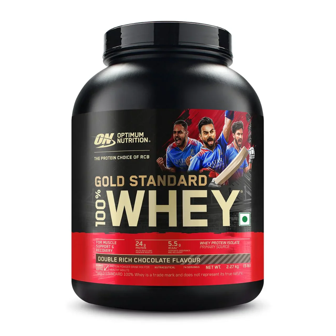 Optimum Nutrition Gold Standard 100% Whey protein powder container on a white background