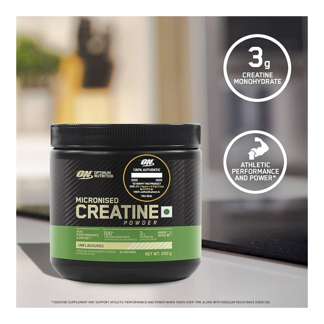 Optimum Nutrition Micronised Creatine Powder container with branding and product details.