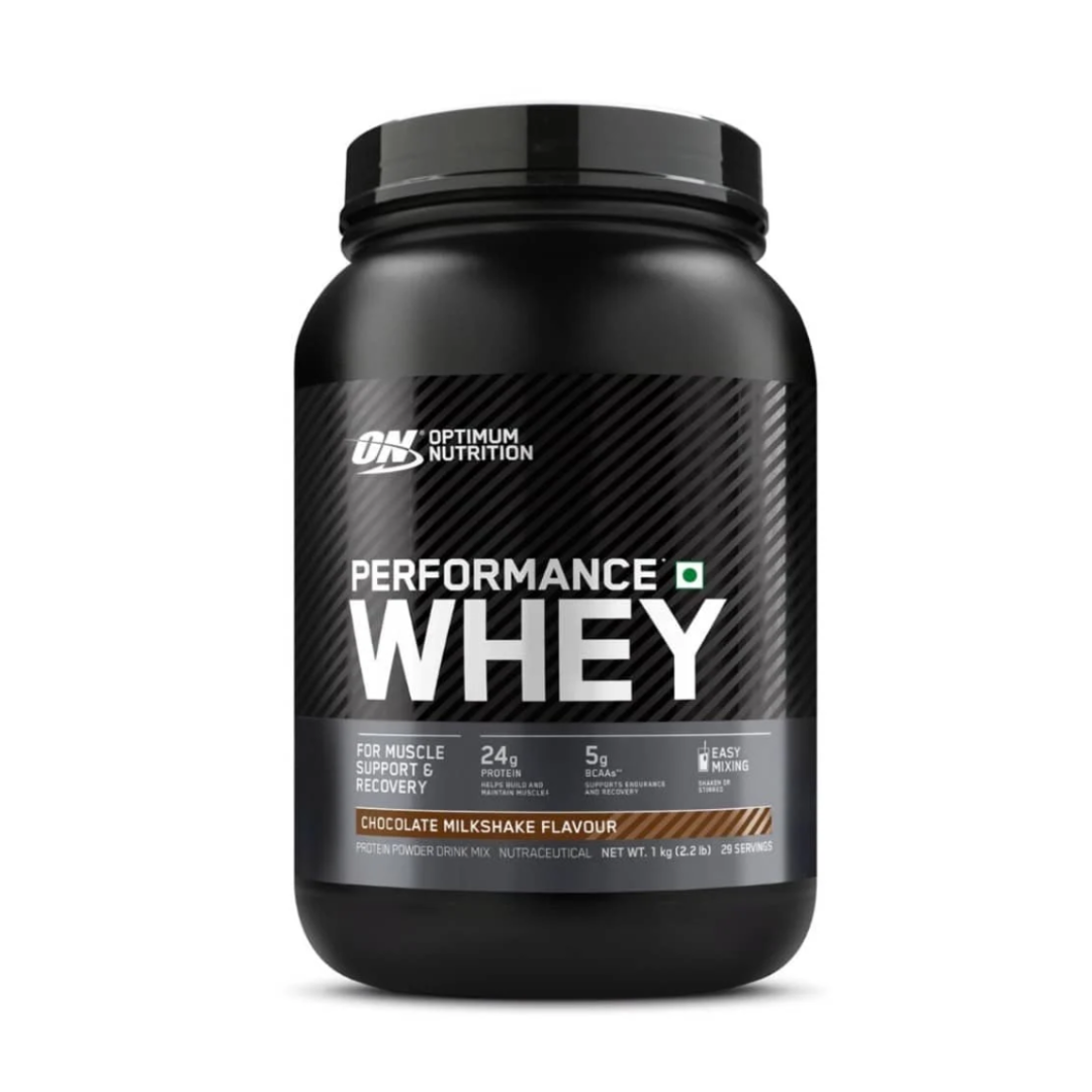 Optimum Nutrition Performance Whey protein powder container on a white background