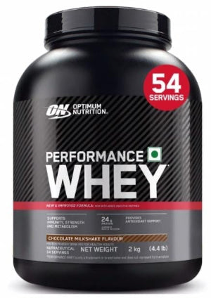 Optimum Nutrition Performance Whey protein powder container with 54 servings on a black background