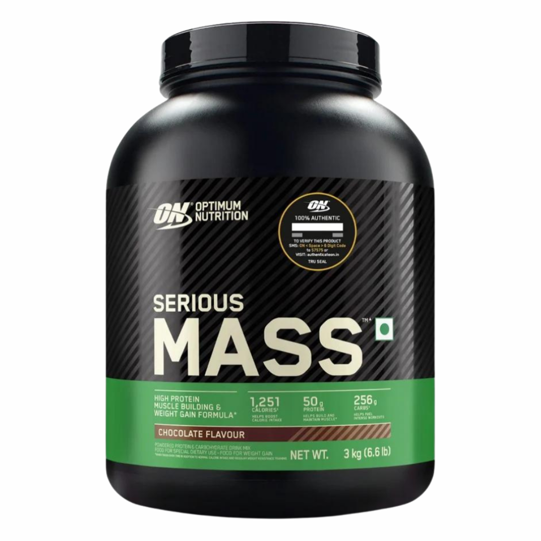 Optimum Nutrition Serious Mass supplement container on a white background