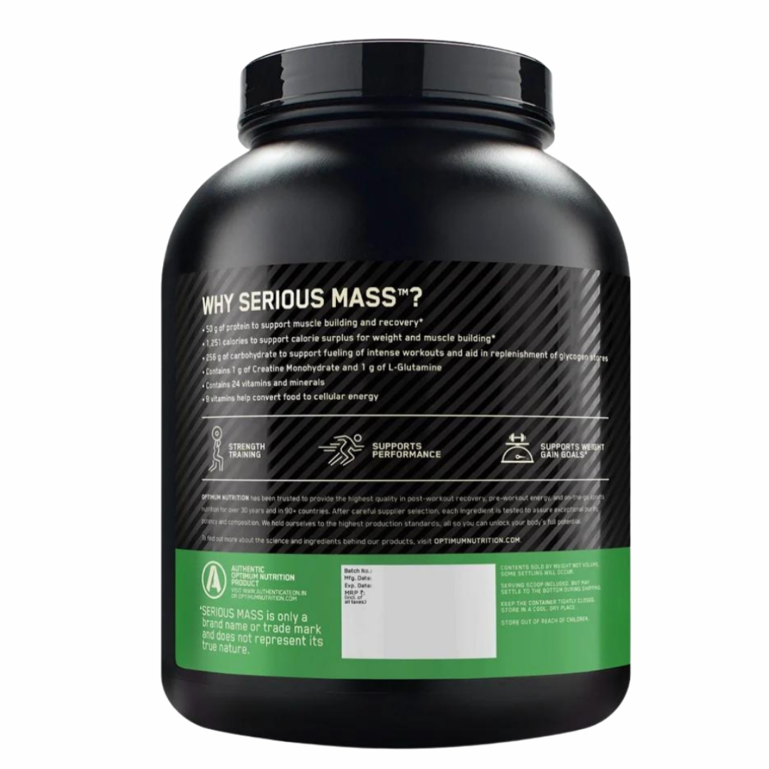 Optimum Nutrition Serious Mass supplement container on a white background