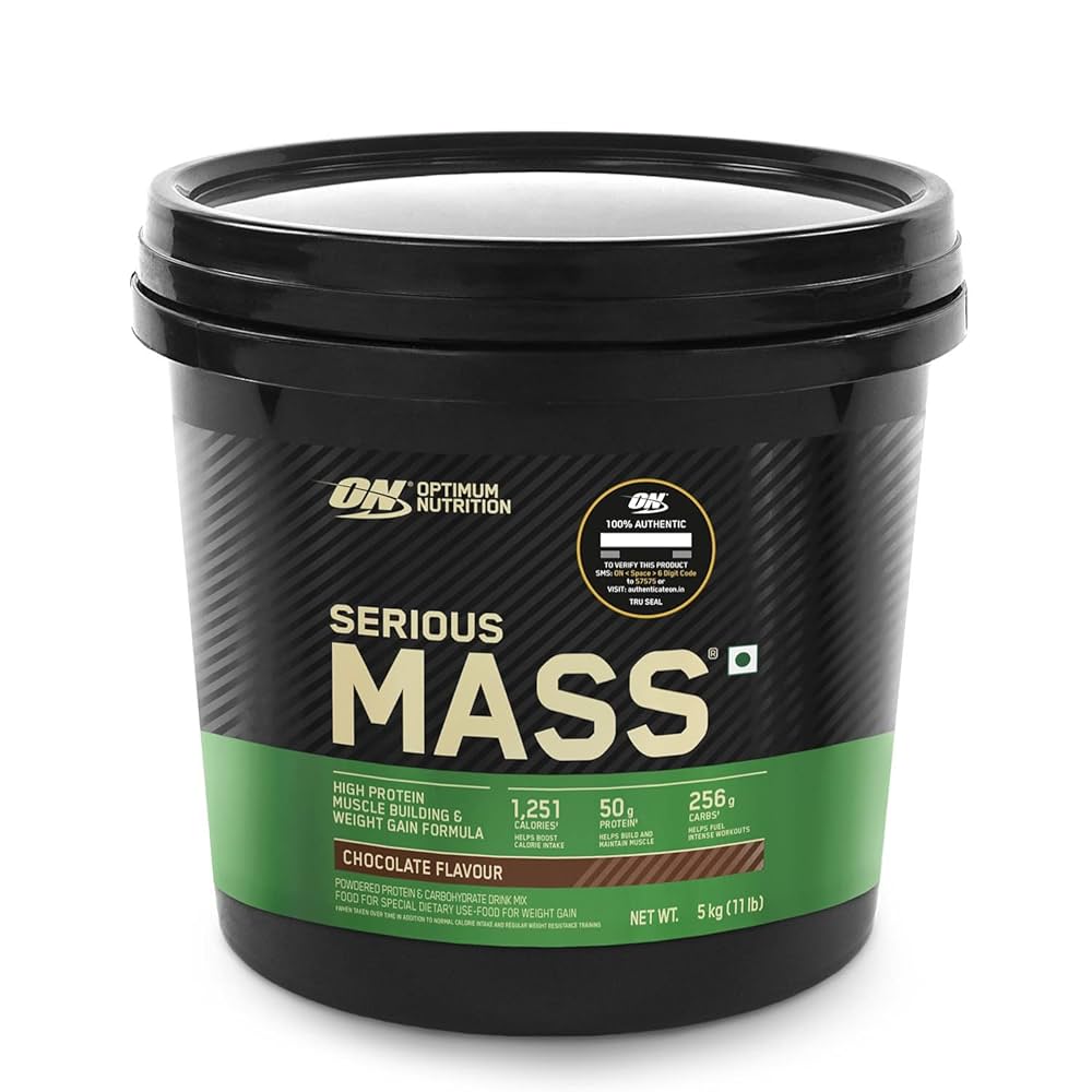 Black container of Optimum Nutrition Serious Mass supplement on a white background