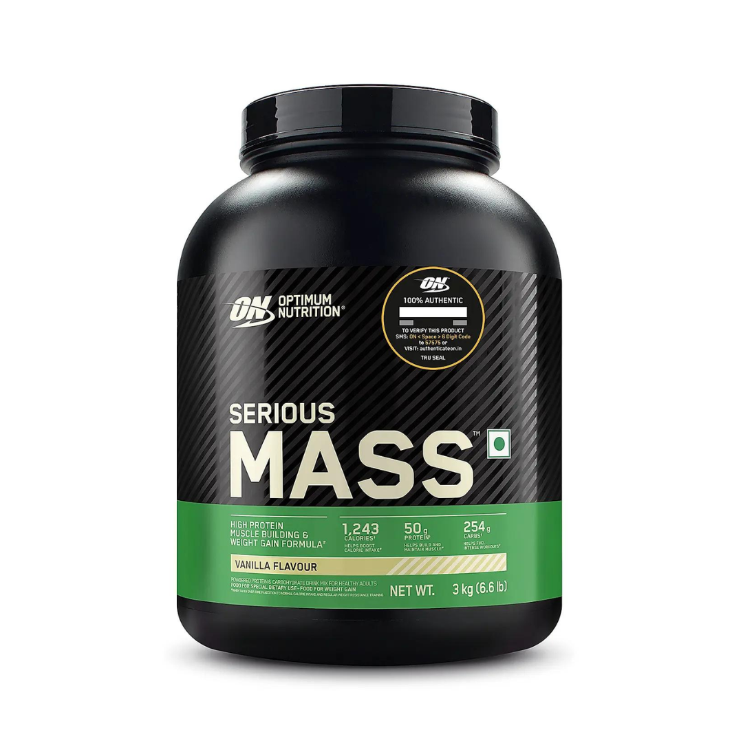 Optimum Nutrition Serious Mass supplement container on a white background