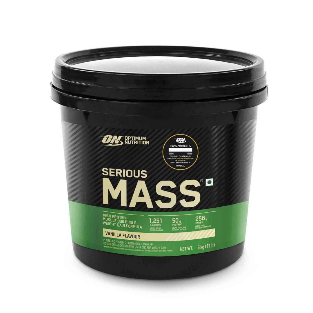 Black container of Optimum Nutrition Serious Mass supplement on a white background