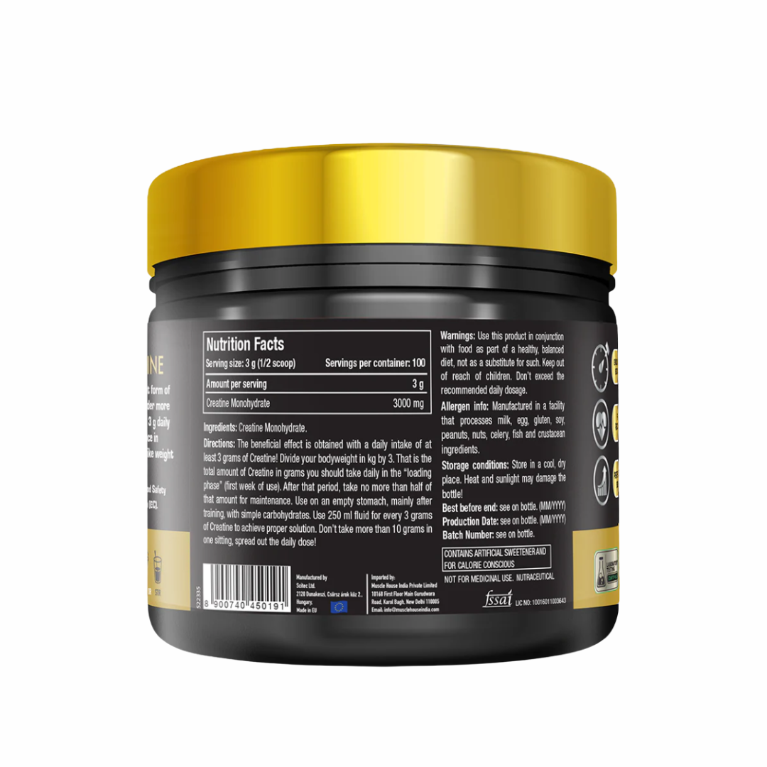 Black and yellow container of micronized creatine with 'One Science' branding on a white background