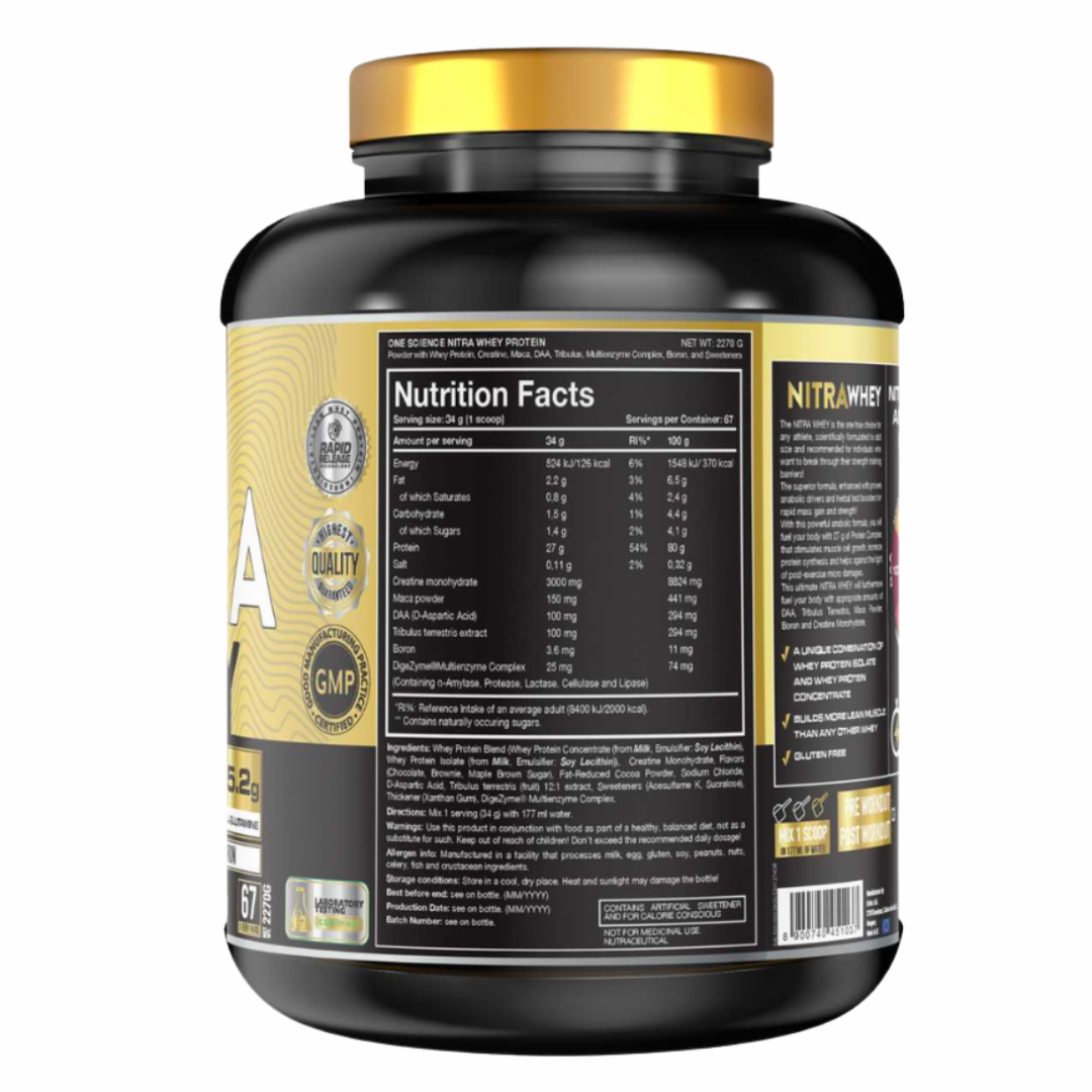 Black and gold protein powder container with nutrition facts label on a white background