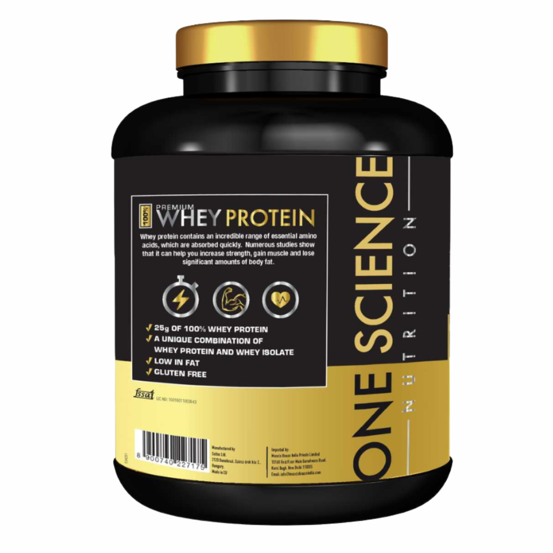 Whey protein supplement container with black and gold design on a white background