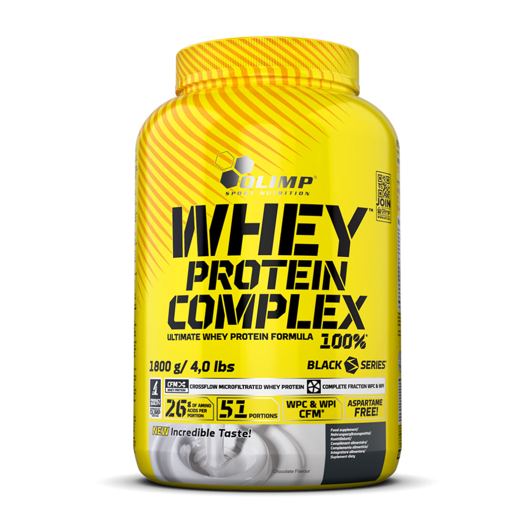 Yellow container of Olimp Whey Protein Complex on a white background