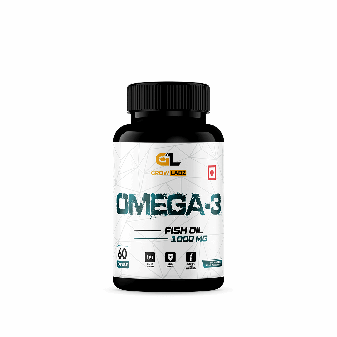 Omega-3 fish oil supplement bottle with Grow Labz branding on a white background
