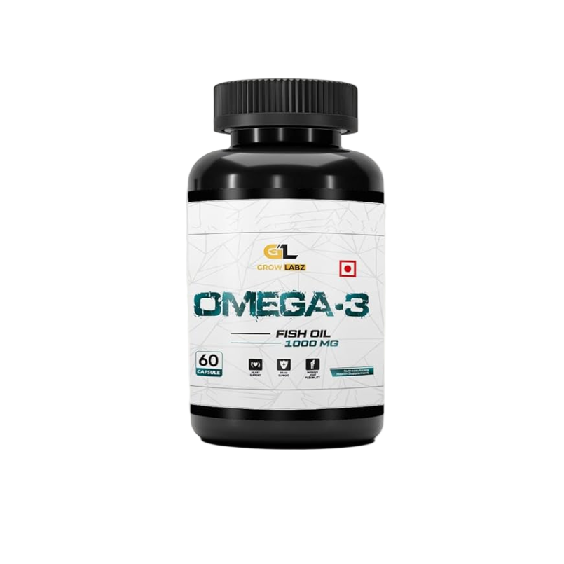 Omega-3 fish oil supplement bottle with a white label on a white background