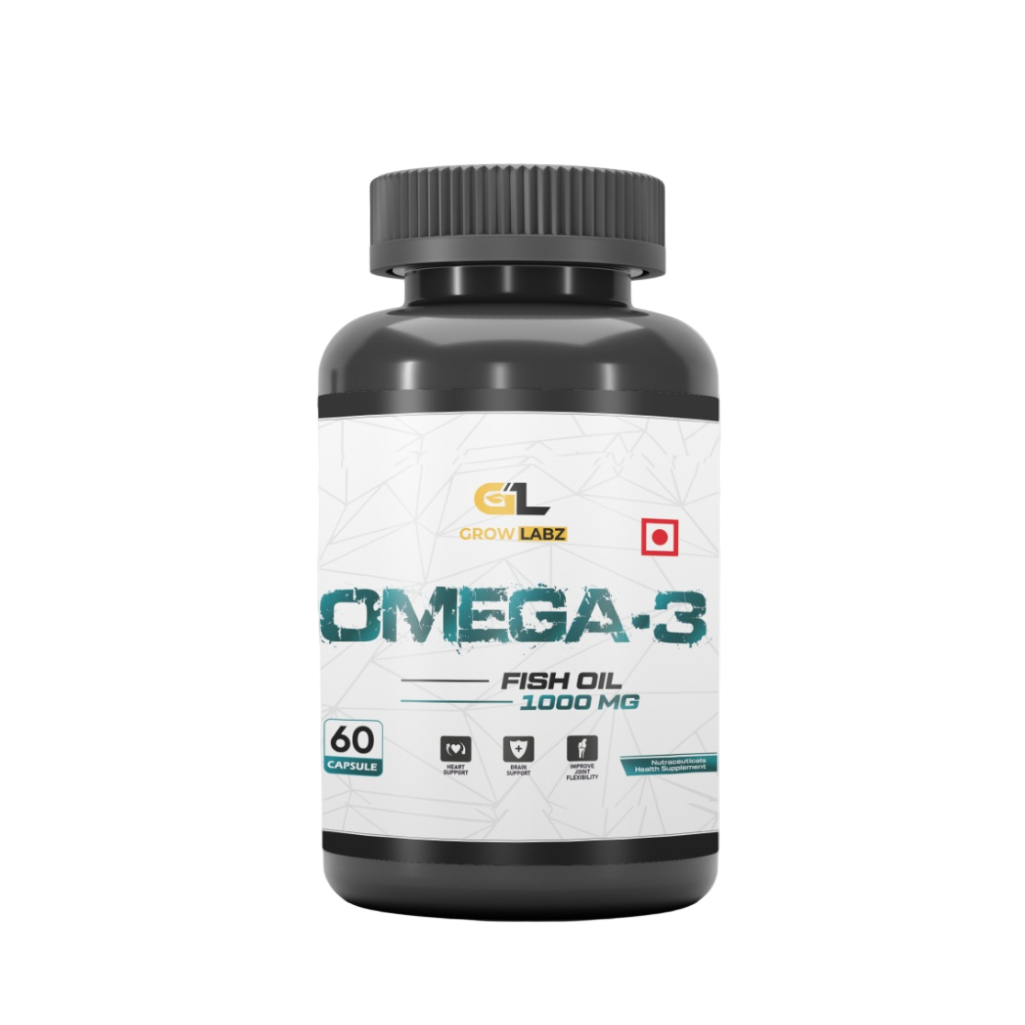 Omega-3 fish oil supplement bottle with label on a white background
