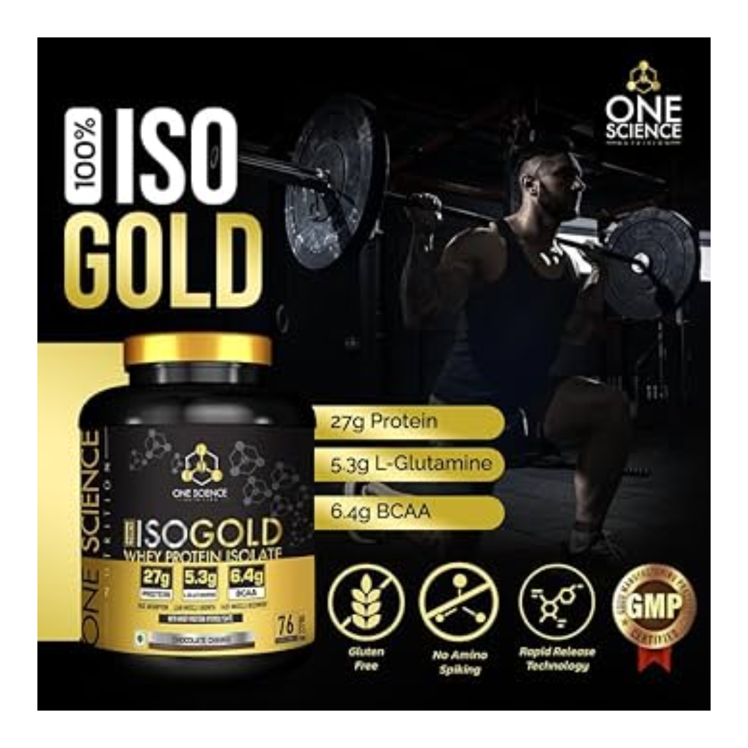 One Science ISO Gold protein supplement packaging with a person lifting weights in the background.