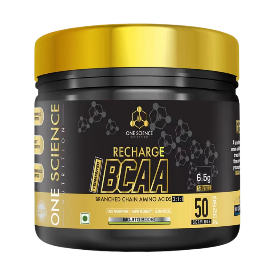 One Science Recharge BCAA supplement container with gold and black design on a white background