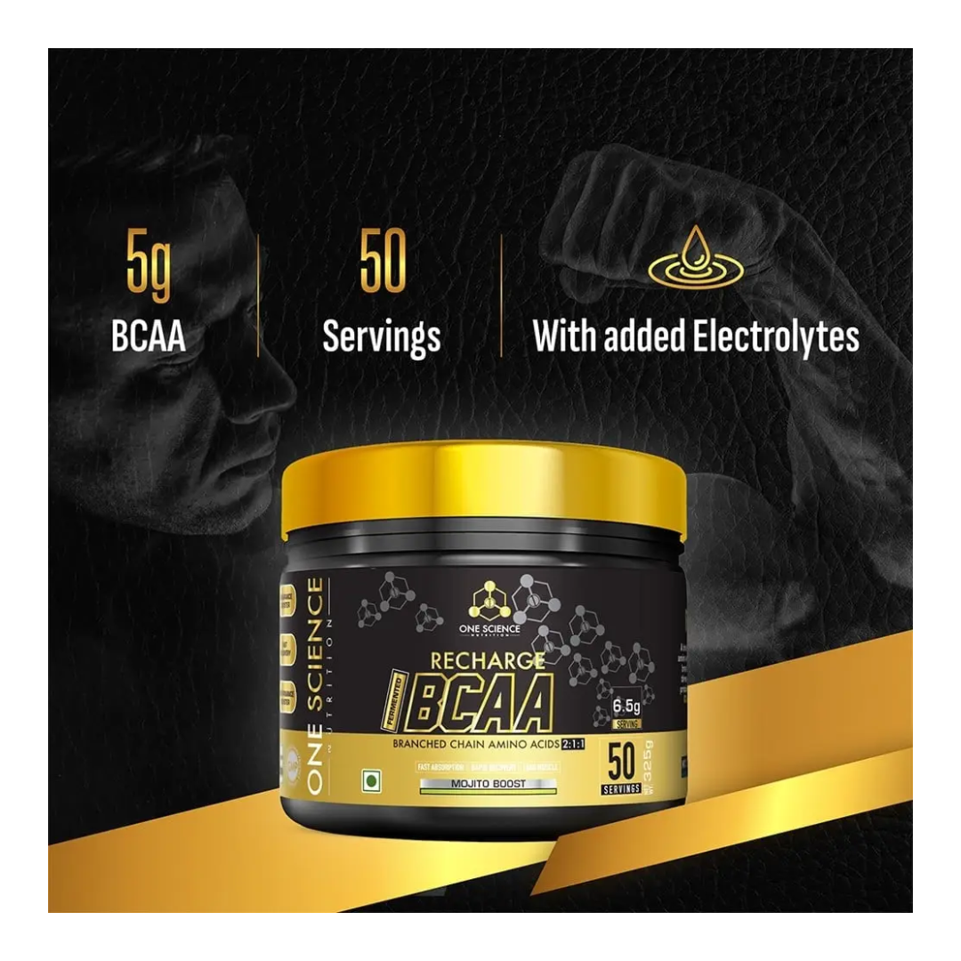 One Science Recharge BCAA supplement container with black and gold design on a dark background