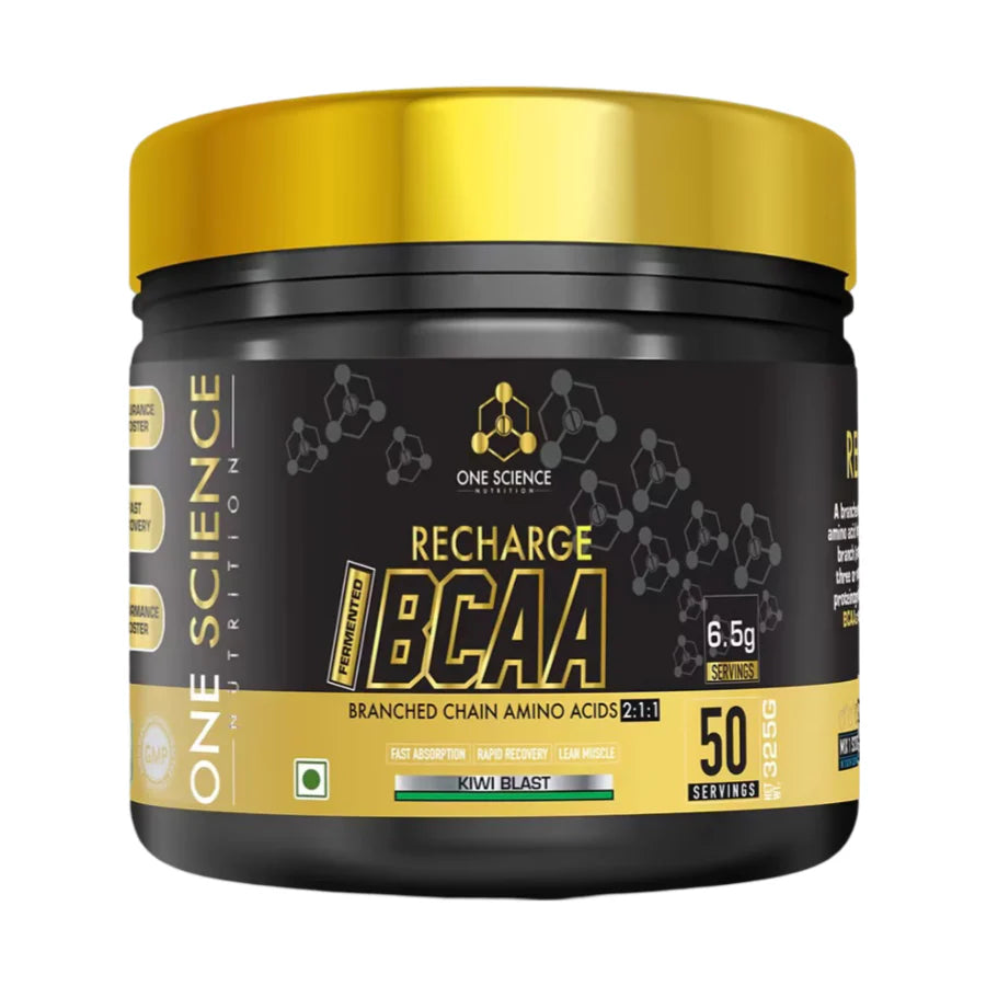 One Science Recharge BCAA supplement container with gold and black design on a white background
