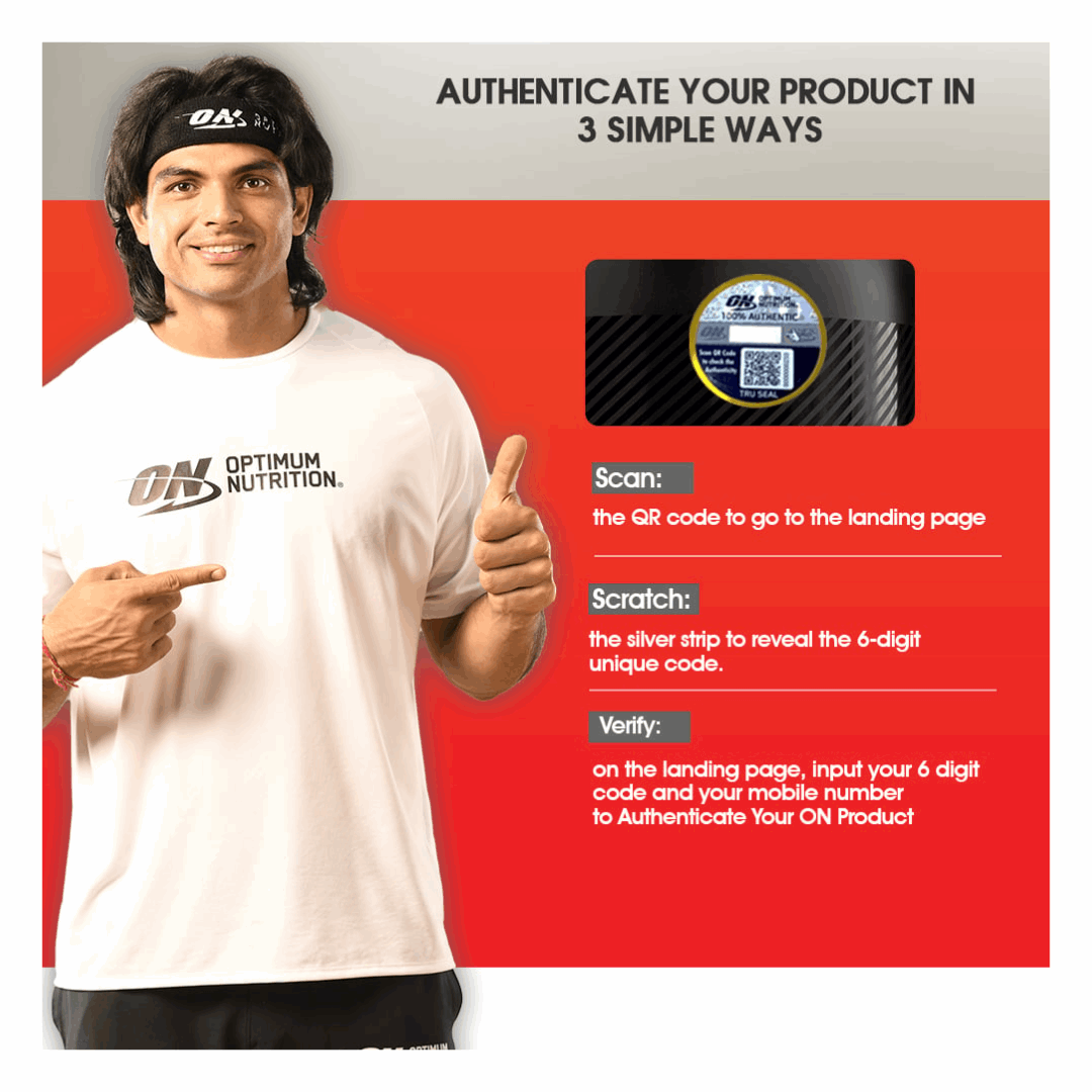 Optimum Nutrition product authentication process with a person pointing to a label.