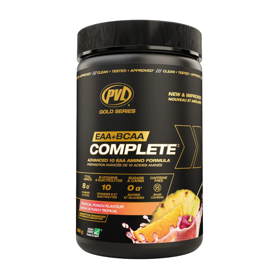 Black supplement container labeled 'PVD Gold Series EAA+BCAA Complete' on a white background