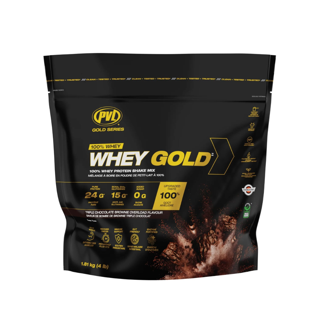 Black protein powder bag with yellow text and branding on a white background
