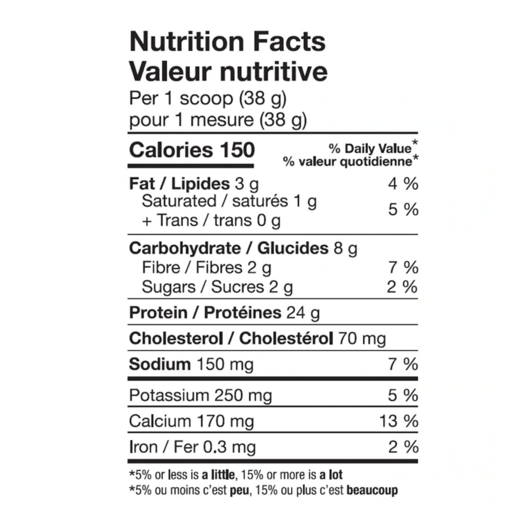 Black protein powder bag with yellow text and branding on a white background