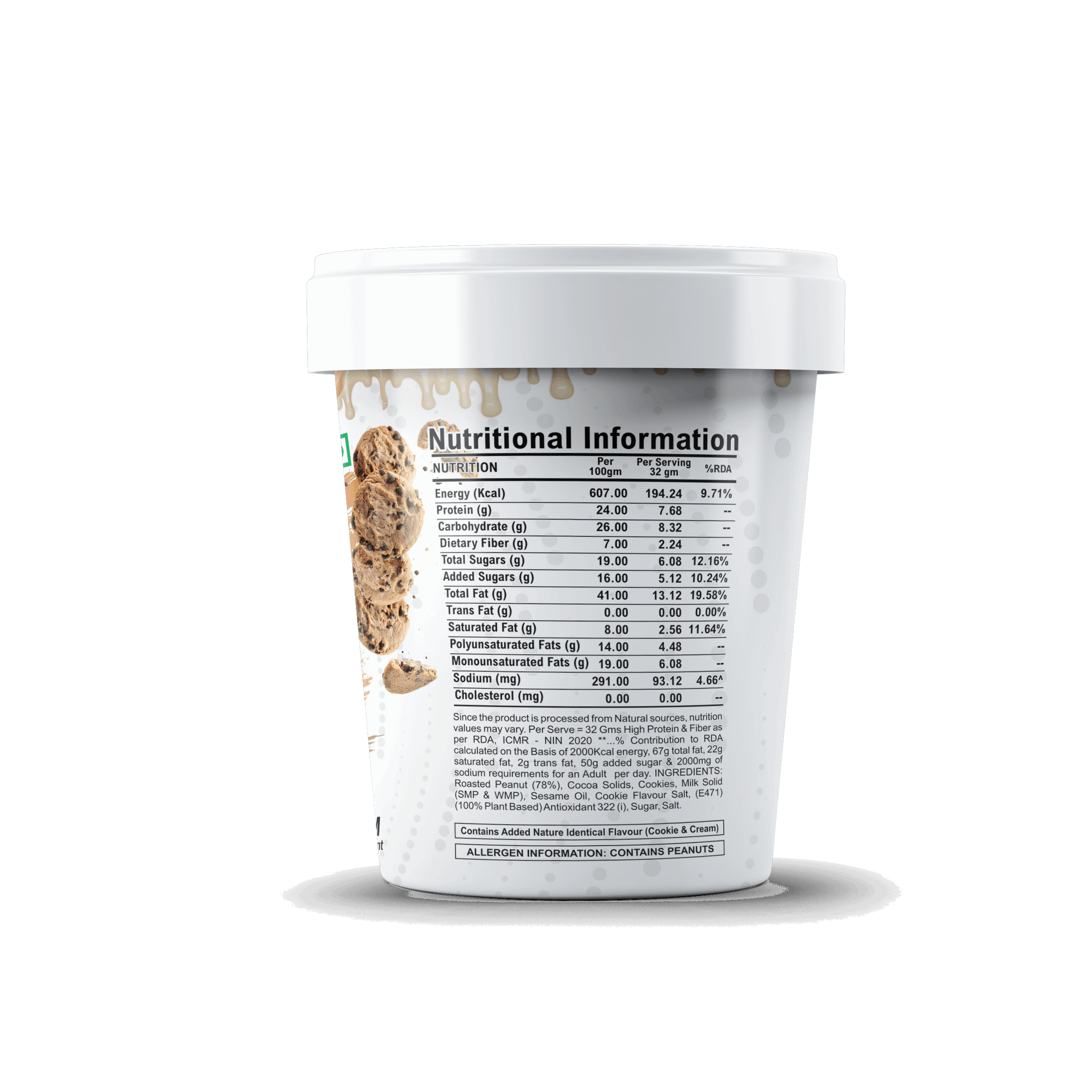 Nutritional information label on a container of ice cream with a white background