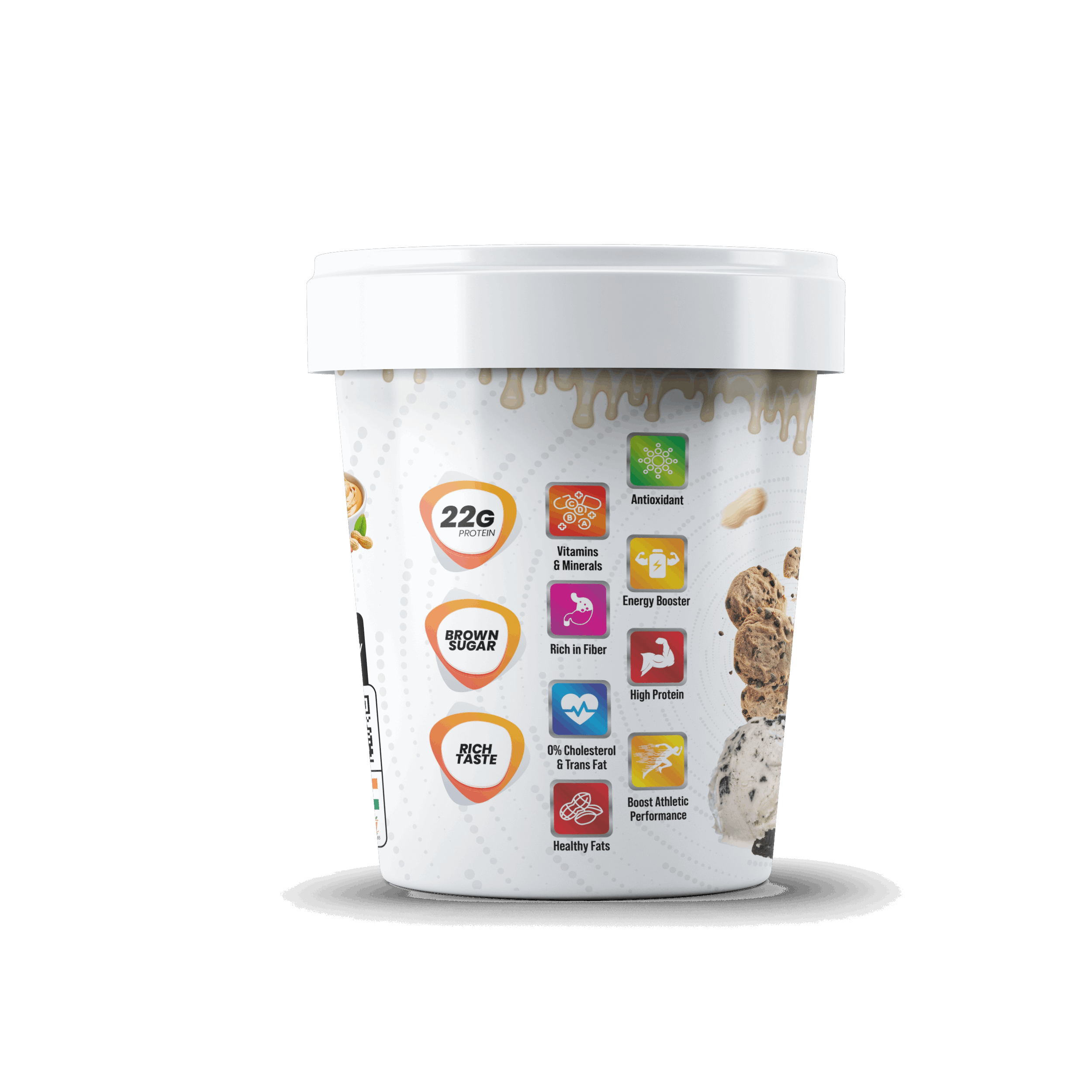Container with nutritional information icons on a white background