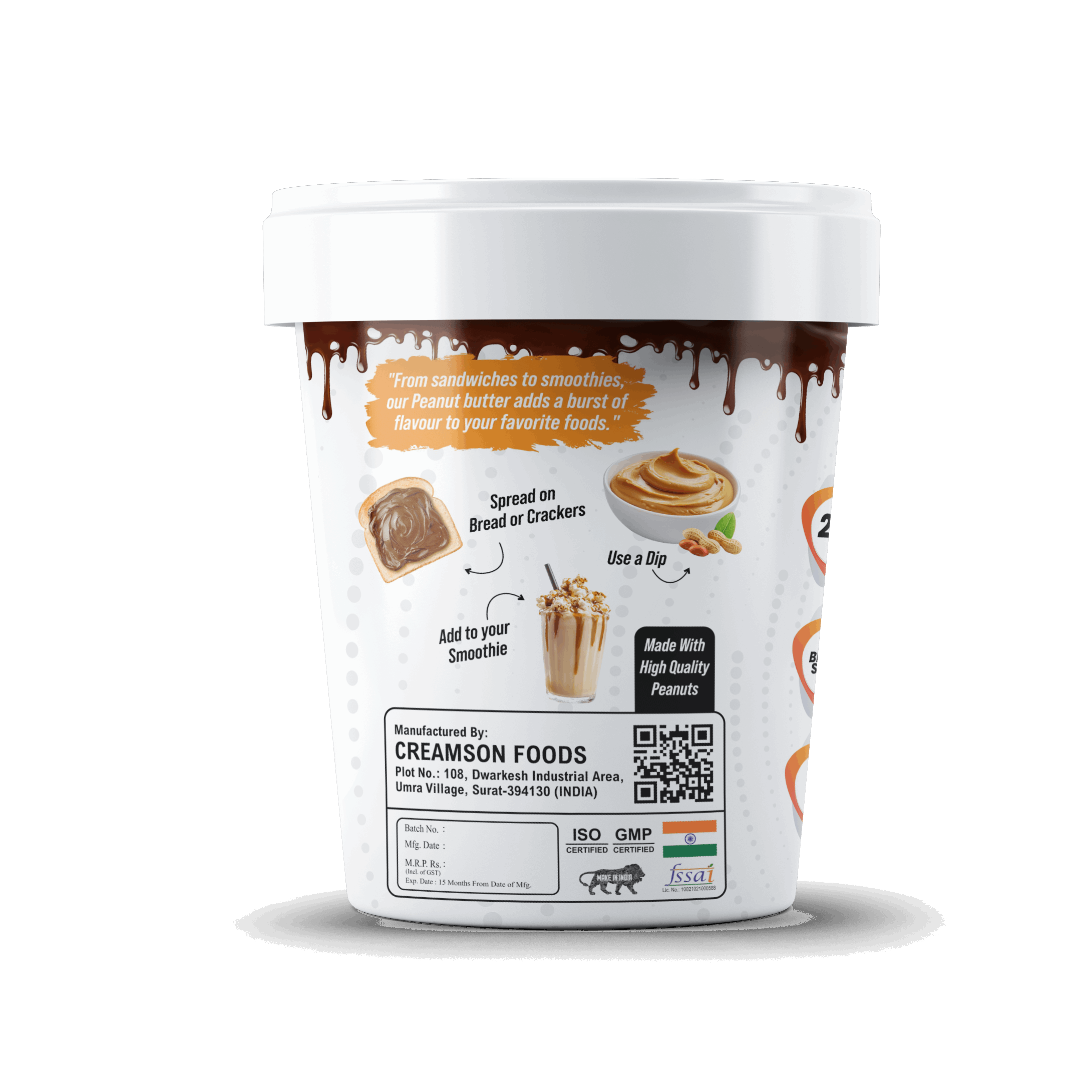 Container of Creamson Foods peanut butter with label on a white background