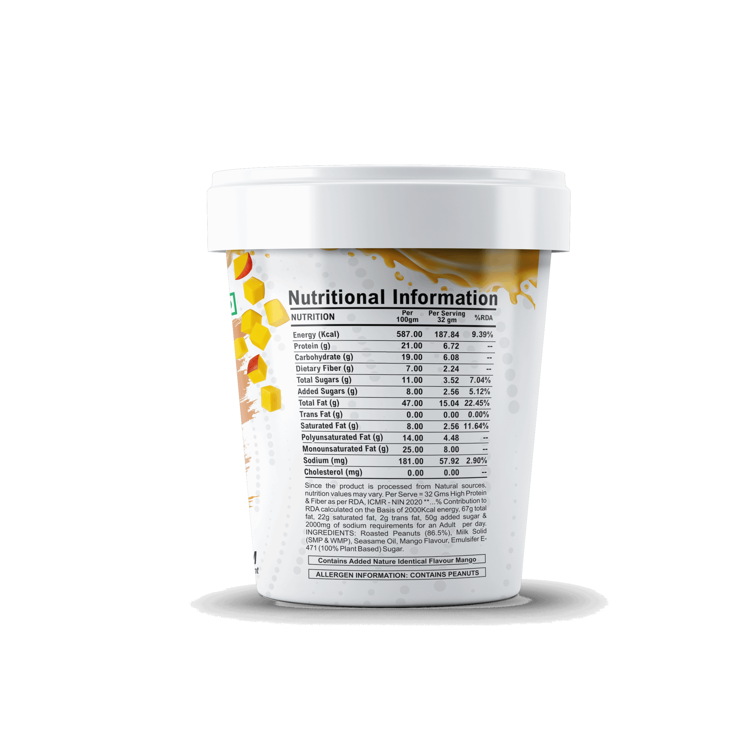Nutritional information label on a container with colorful design elements.