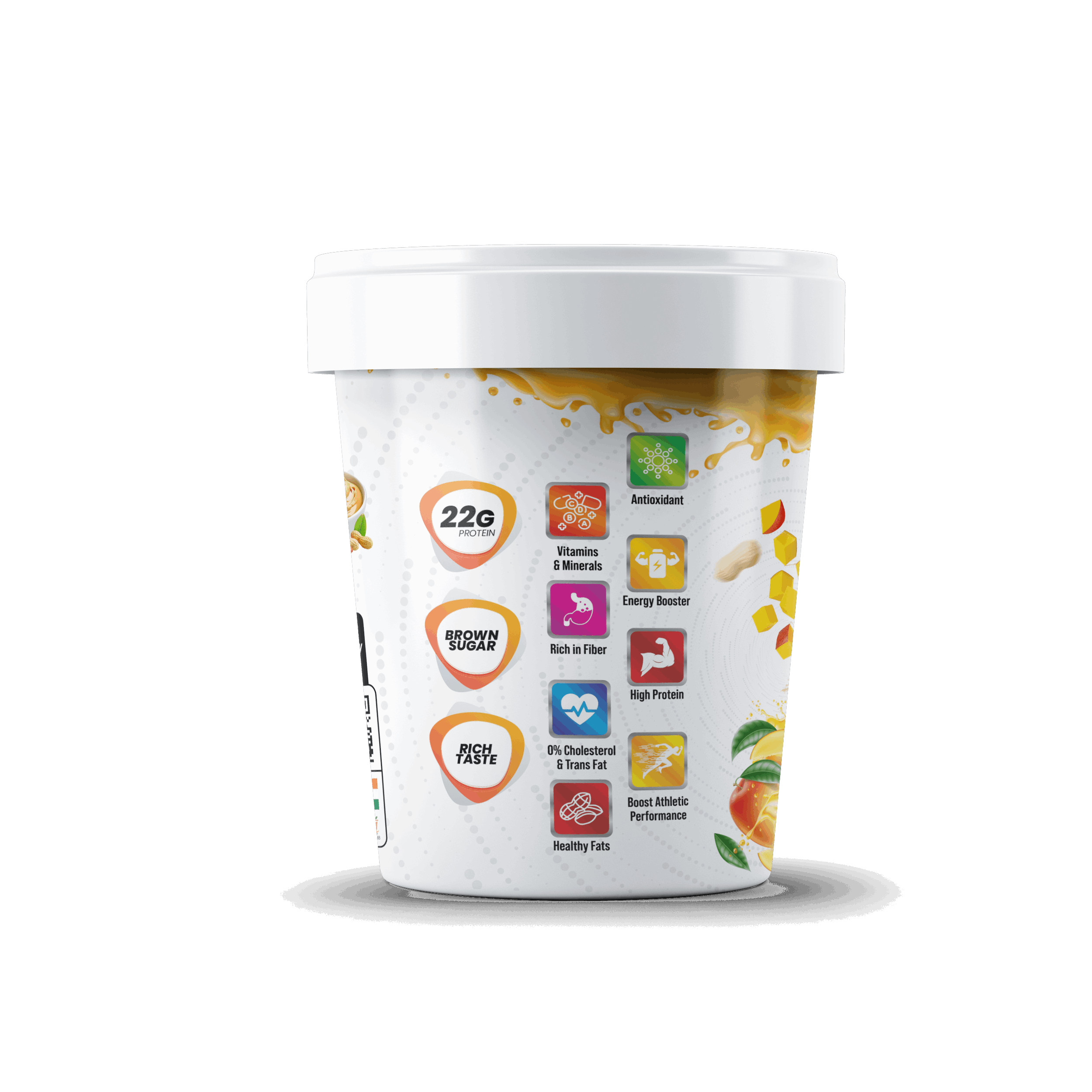 Container with nutritional information icons on a white background